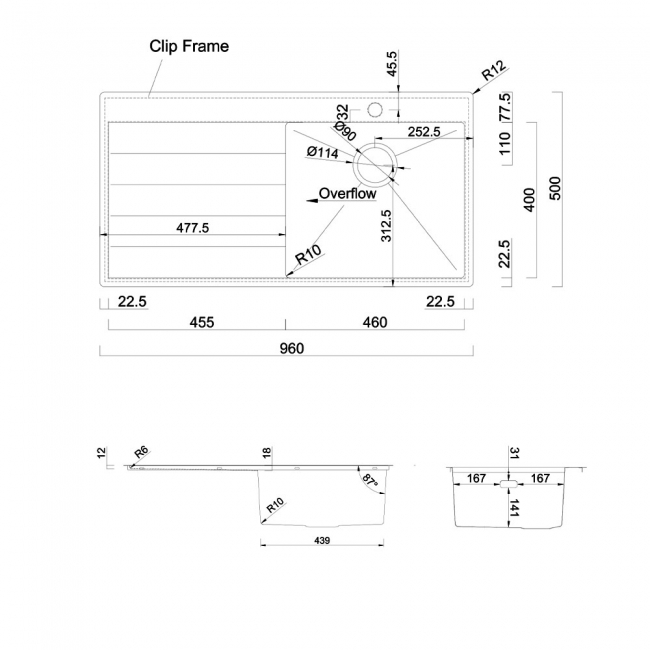 Rangemaster Cosmo 1.0 Bowl Inset Kitchen Sink LH Drainer with Waste Kit 960mm L x 500mm W - Stainless Steel