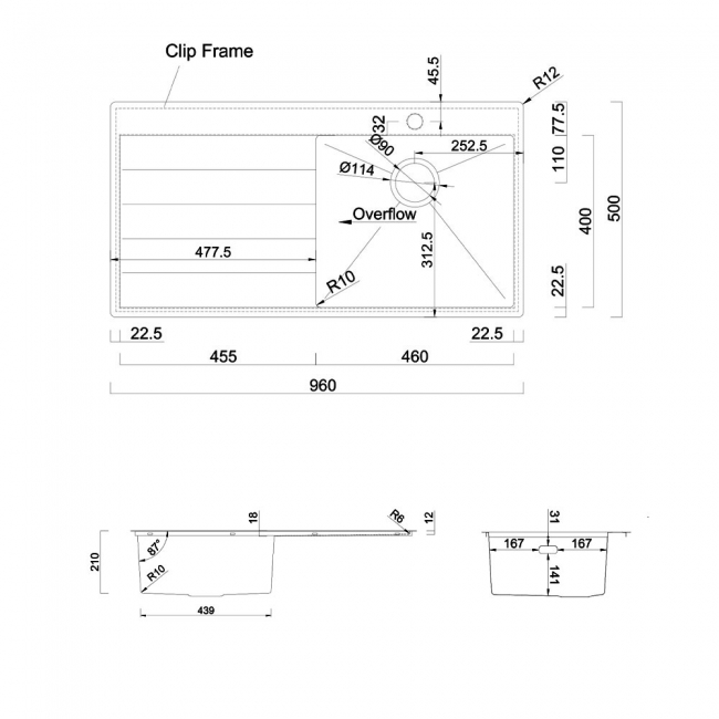 Rangemaster Cosmo 1.0 Bowl Inset Kitchen Sink RH Drainer with Waste Kit 960mm L x 500mm W - Stainless Steel