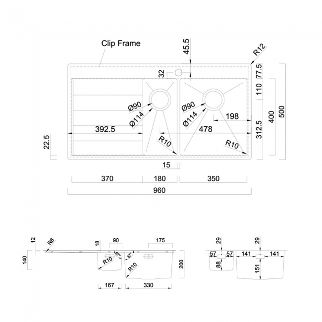 Rangemaster Cosmo 1.5 Bowl Inset Kitchen Sink LH Drainer with Waste Kit 960mm L x 500mm W - Stainless Steel  | Dimension Image