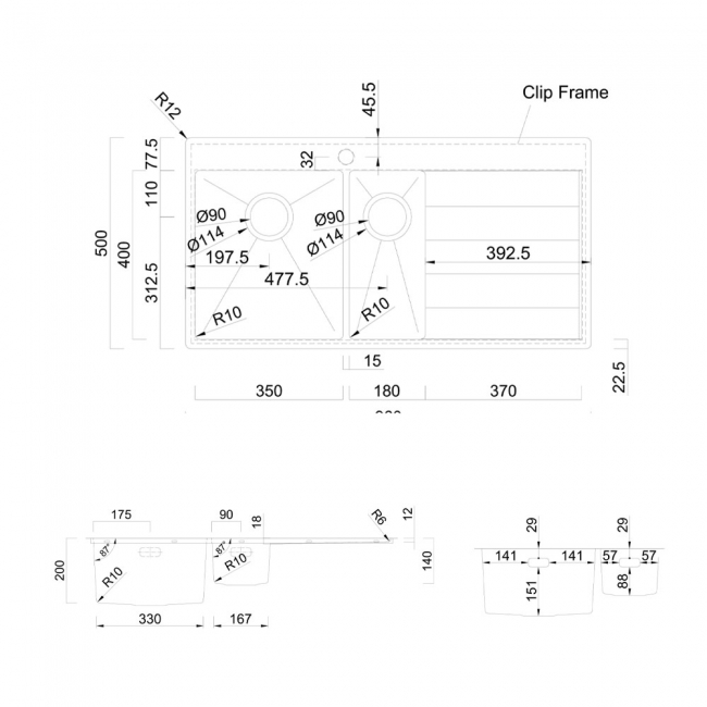Rangemaster Cosmo 1.5 Bowl Inset Kitchen Sink RH Drainer with Waste Kit 960mm L x 500mm W - Stainless Steel