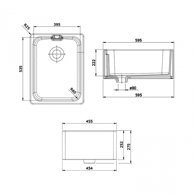 Rangemaster Farmhouse 1.0 Bowl Ceramic Kitchen Sink with 90mm Waste Kit 595mm L x 455mm W - White