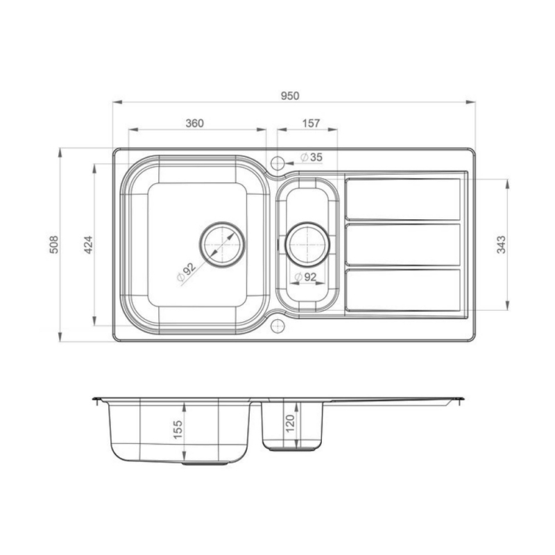Rangemaster Glendale 1.5 Bowl Inset Kitchen Sink with Waste Kit 950mm L x 508mm W - Stainless Steel