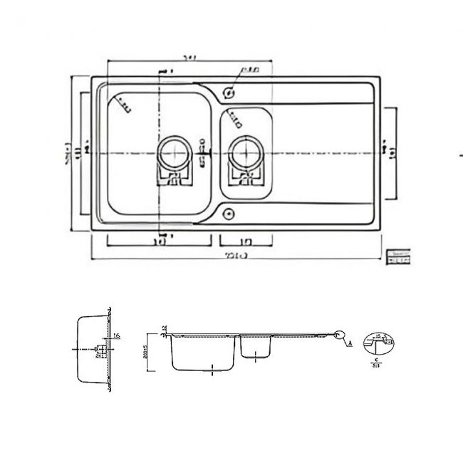 Rangemaster Iconica 1.5 Bowl Inset Kitchen Sink with Waste Kit 950mm L x 508mm W - Stainless Steel  | Dimension Image