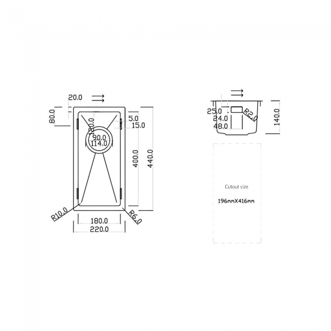 Rangemaster Kube 1.0 Bowl Kitchen Sink with Waste Kit 220mm L x 440mm W - Stainless Steel