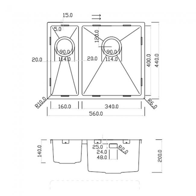 Rangemaster Kube 1.5 Bowl Kitchen Sink LH with Waste Kit 560mm L x 440mm W - Stainless Steel  | Dimension Image