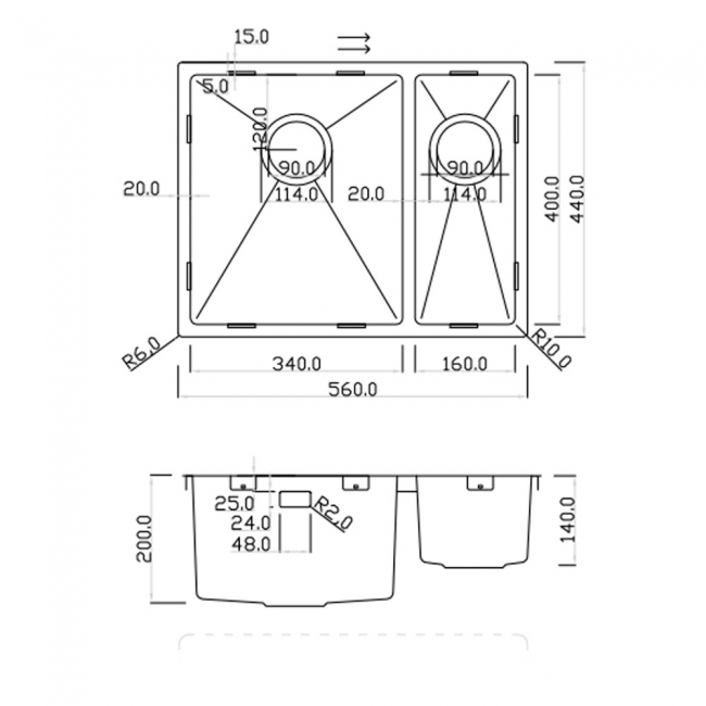 Rangemaster Kube 1.5 Bowl Kitchen Sink RH with Waste Kit 560mm L x 440mm W - Stainless Steel