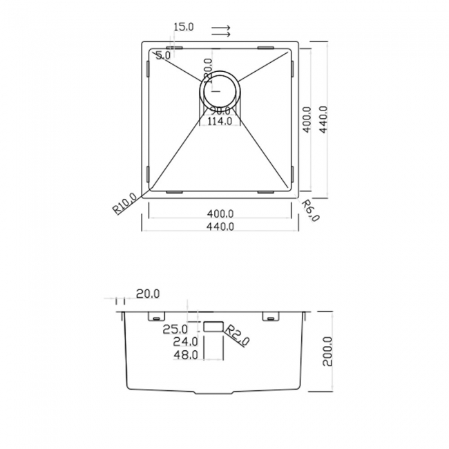 Rangemaster Kube 1.0 Bowl Kitchen Sink with Waste Kit 440mm L x 440mm W - Stainless Steel  | Dimension Image