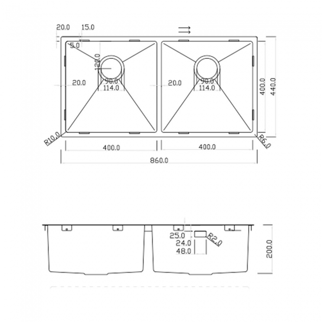 Rangemaster Kube 2.0 Bowl Kitchen Sink with Waste Kit 440mm L x 440mm W - Stainless Steel
