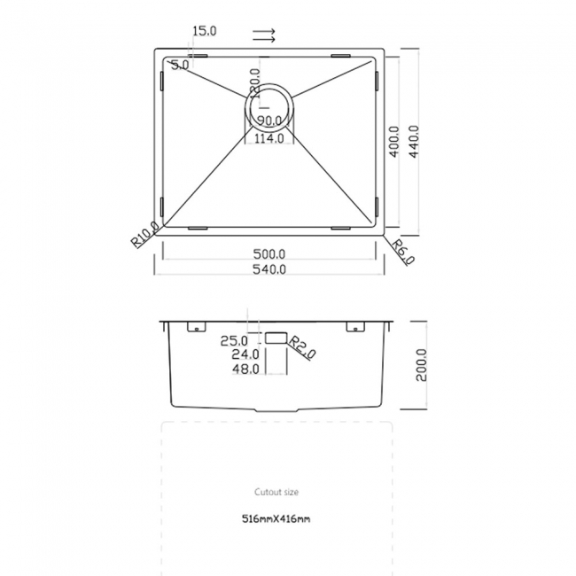 Rangemaster Kube 1.0 Bowl Kitchen Sink with Waste Kit 540mm L x 440mm W - Stainless Steel