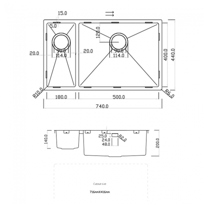 Rangemaster Kube 1.5 Bowl Kitchen Sink LH with Waste Kit 740mm L x 440mm W - Stainless Steel