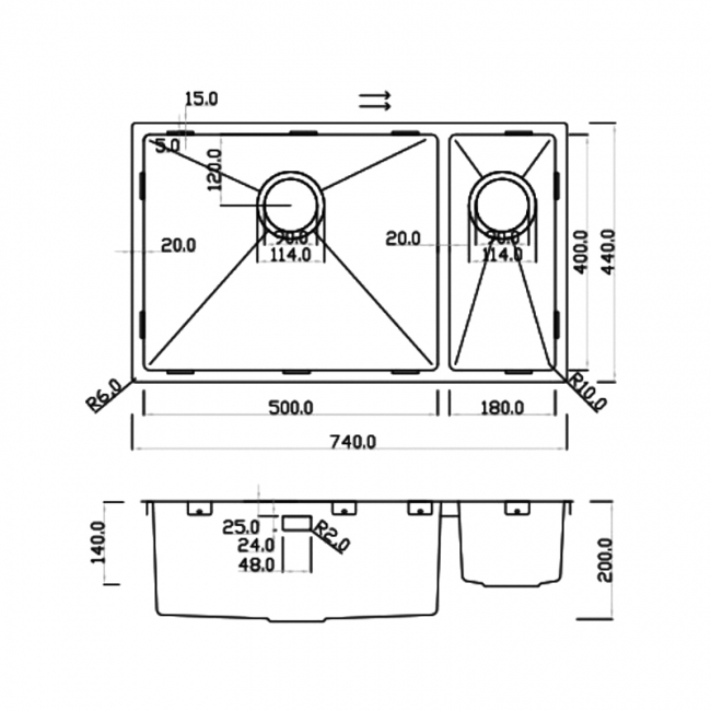 Rangemaster Kube 1.5 Bowl Kitchen Sink RH with Waste Kit 740mm L x 440mm W - Stainless Steel  | Dimension Image