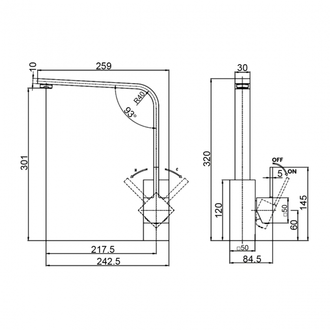 Rangemaster Kube Single Lever Kitchen Sink Mixer Tap - Matt Black  | Dimension Image