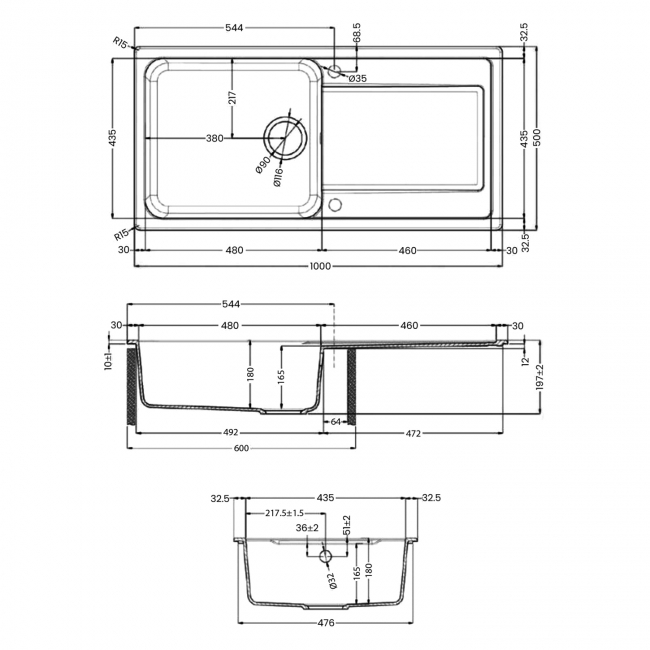 Rangemaster Loa 1.0 Bowl Inset Kitchen Sink with Waste Kit 1000mm L x 500mm W - Pebble  | Dimension Image
