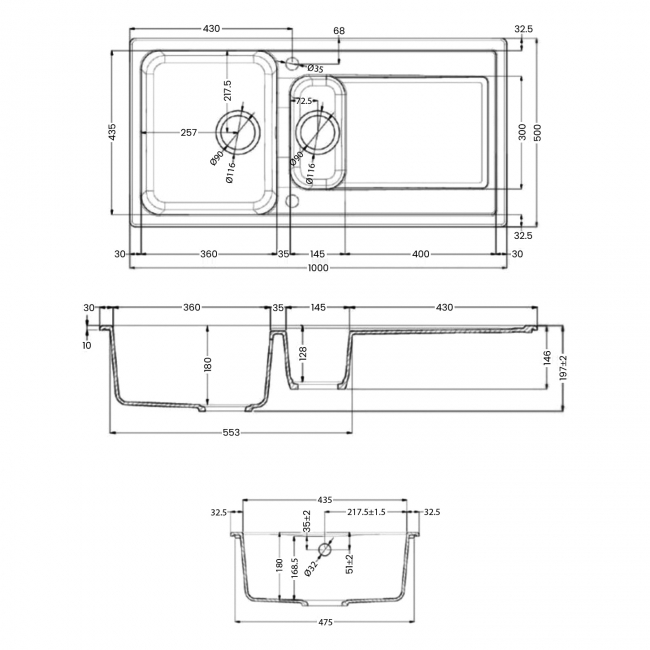 Rangemaster Loa 1.5 Bowl Inset Kitchen Sink with Waste Kit 1000mm L x 500mm W - Pebble