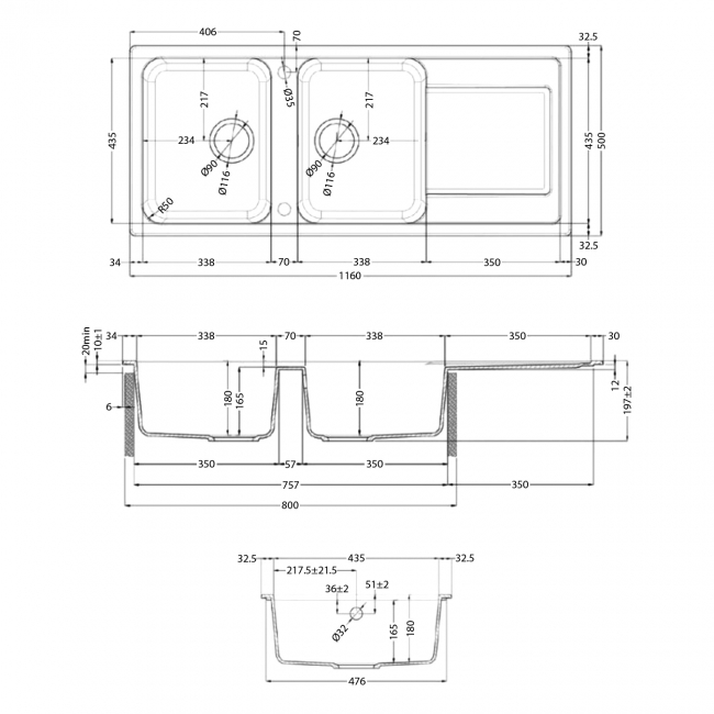 Rangemaster Loa 2.0 Bowl Inset Kitchen Sink with Waste Kit 1160mm L x 500mm W - Concrete