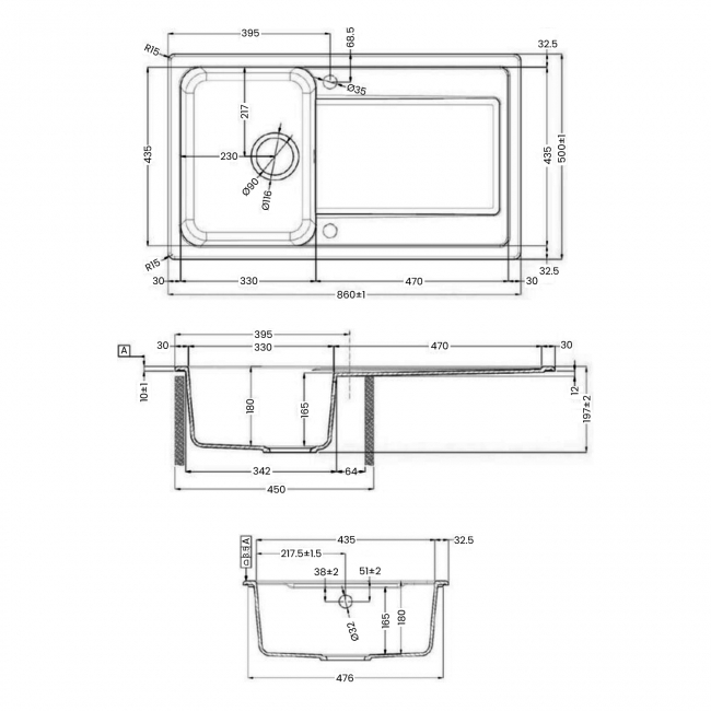Rangemaster Loa 1.0 Bowl Inset Kitchen Sink with Waste Kit 860mm L x 500mm W - Pebble