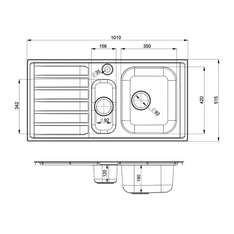 Rangemaster Manhattan 1.5 Bowl Inset Kitchen Sink with LH Drainer & Waste Kit 1010mm L x 515mm W - Stainless Steel  | Dimension Image