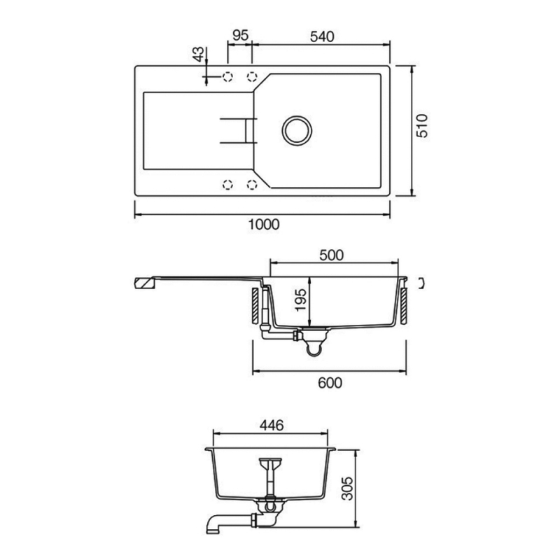 Rangemaster Mayon 1.0 Bowl Inset Kitchen Sink with Waste Kit 1000mm L x 500mm W - Ash Black