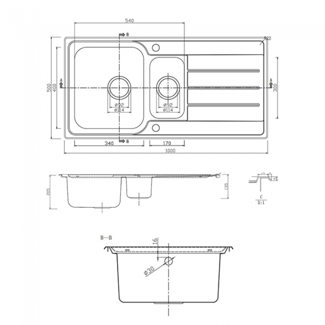 Rangemaster Oakland 1.5 Bowl Inset Kitchen Sink with Waste Kit 1000mm L x 500mm W - Stainless Steel