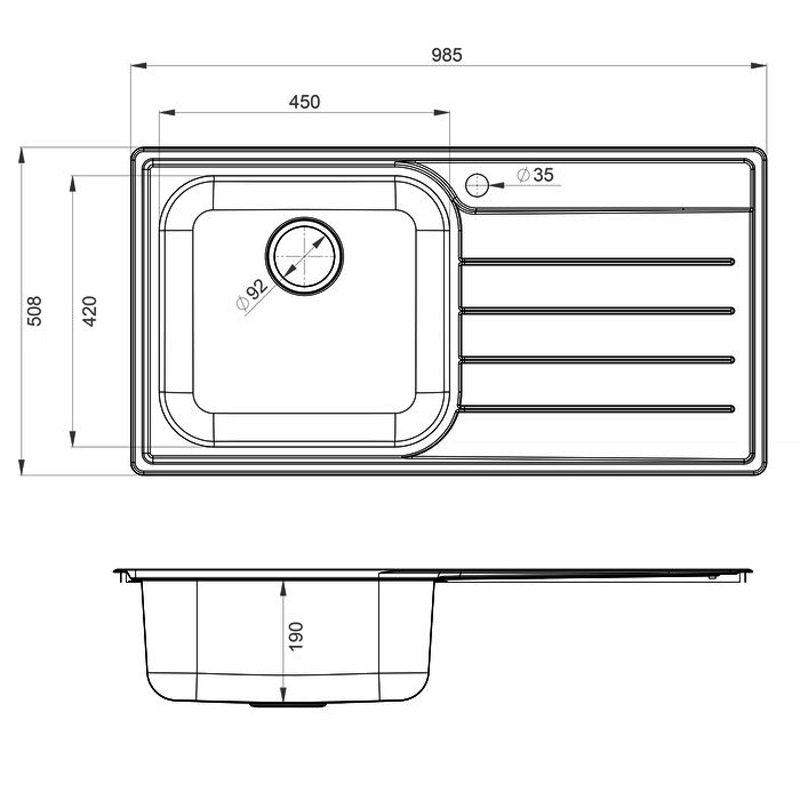 Rangemaster Oakland 1.0 Bowl Kitchen Sink with RH Drainer & Waste Kit 985mm L x 508mm W - Stainless Steel