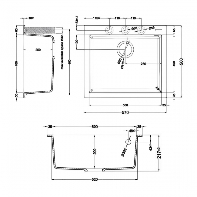 Rangemaster Oridian 1.0 Bowl Inset Kitchen Sink with Waste Kit 570mm L x 500mm W - Charcoal