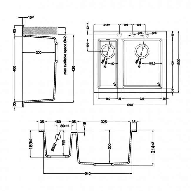 Rangemaster Oridian 1.5 Bowl Inset Kitchen Sink with Waste Kit 590mm L x 500mm W - Arctic White  | Dimension Image
