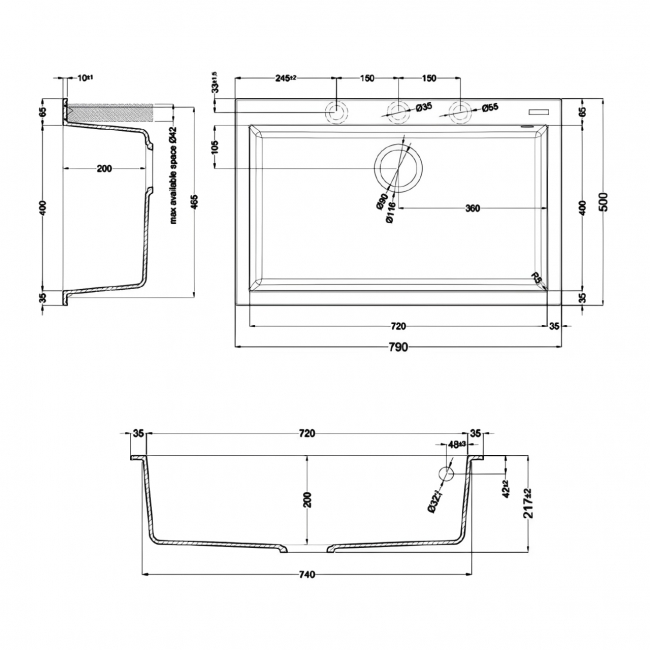 Rangemaster Oridian 1.0 Bowl Inset Kitchen Sink with Waste Kit 790mm L x 500mm W - Charcoal