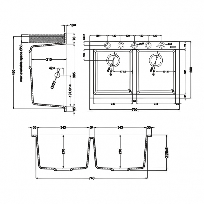 Rangemaster Oridian 2.0 Bowl Inset Kitchen Sink with Waste Kit 790mm L x 500mm W - Concrete