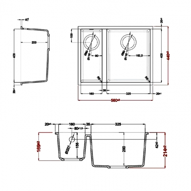 Rangemaster Oridian 1.5 Bowl Undermount Kitchen Sink with Waste Kit 560mm L x 440mm W - Concrete