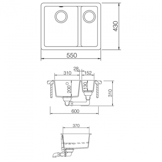 Rangemaster Paragon Igneous Granite 1.5 Bowl Undermount Kitchen Sink with Waste Kit 550mm L x 430mm W - Ash Black  | Dimension Image