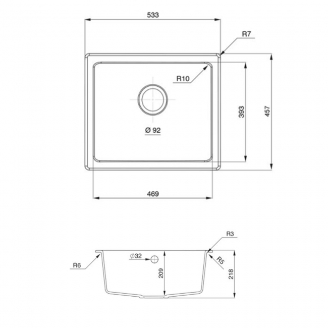 Rangemaster Paragon Igneous Granite 1.0 Bowl Undermount Kitchen Sink with Waste Kit 533mm L x 457mm W - Crystal White  | Dimension Image