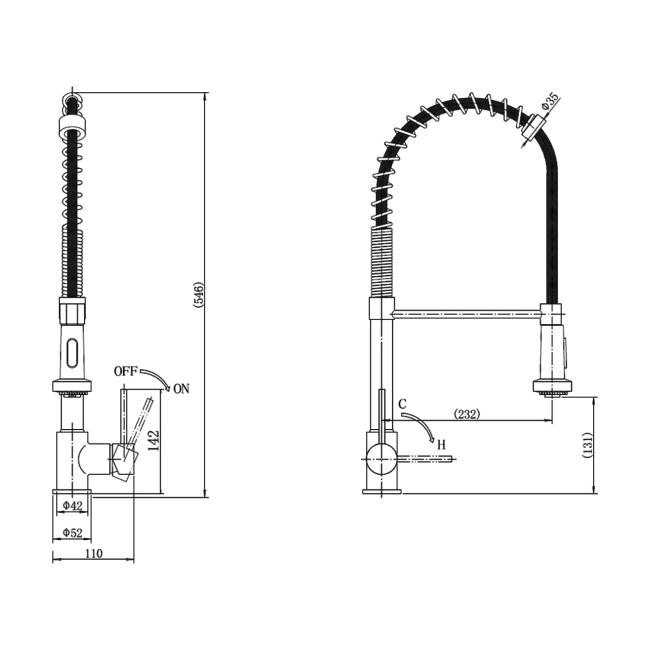 Rangemaster Pro Spray Spring Single Lever Kitchen Sink Mixer Tap - Chrome  | Dimension Image