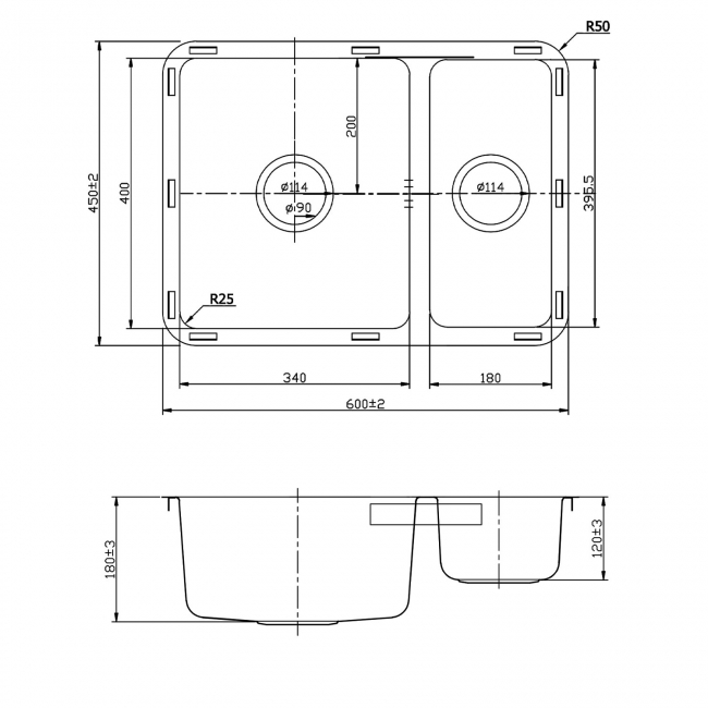 Rangemaster Quad 1.5 Bowl Inset or Undermount Kitchen Sink with Waste Kit 600mm L x 450mm W - Stainless Steel