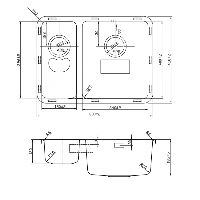 Rangemaster Quad 1.5 Bowl Inset or Undermount Kitchen Sink LH with Waste Kit 600mm L x 450mm W - Stainless Steel