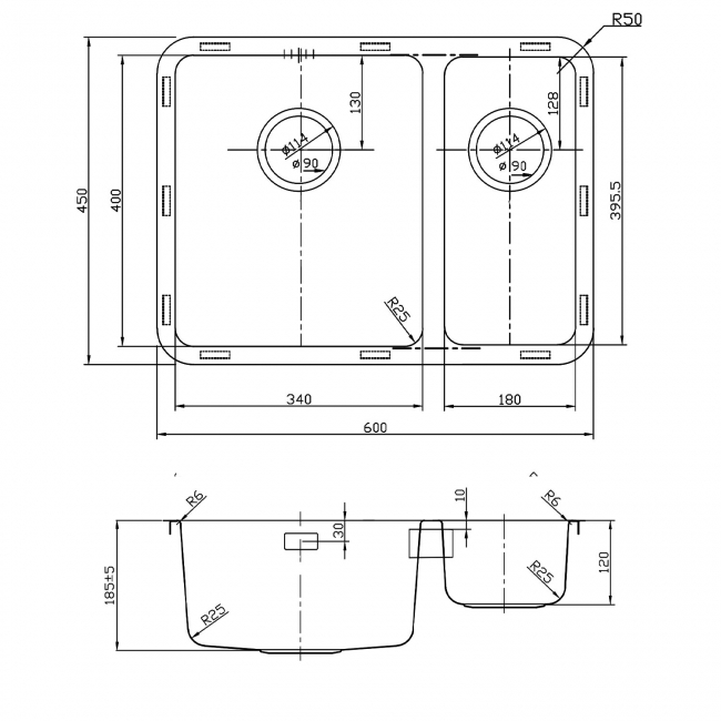Rangemaster Quad 1.5 Bowl Inset or Undermount Kitchen Sink RH with Waste Kit 600mm L x 450mm W - Stainless Steel