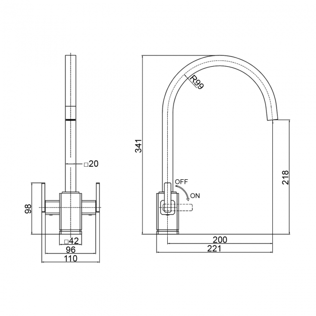 Rangemaster Quad Dual Lever Kitchen Sink Mixer Tap - Chrome  | Dimension Image