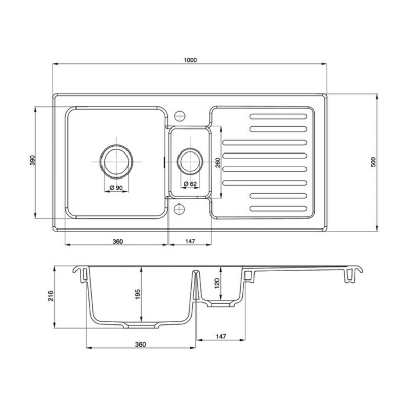 Rangemaster Rustic 1.5 Bowl Inset Ceramic Kitchen Sink with Waste Kit 1000mm L x 500mm W - White