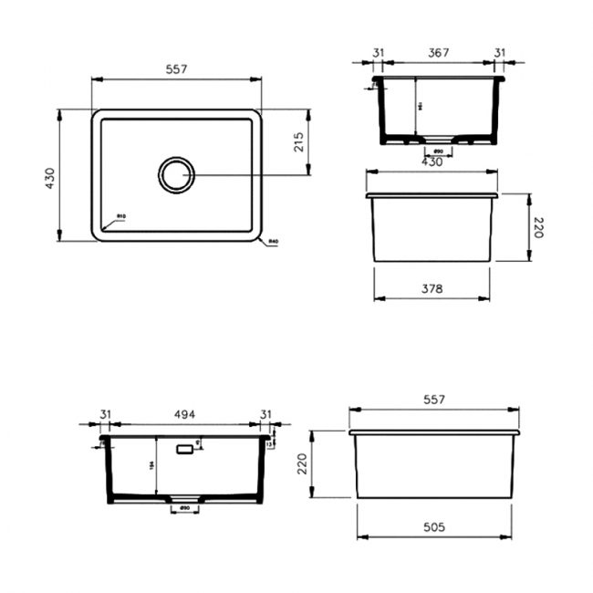 Rangemaster Rustique 1.0 Bowl Fireclay Kitchen Sink With Waste Kit 557mm L x 430mm W - White