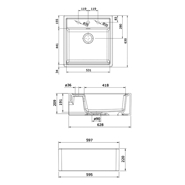 Rangemaster 1.0 Bowl Butler Fireclay Kitchen Sink with Waste Kit 597mm L x 630mm W - White
