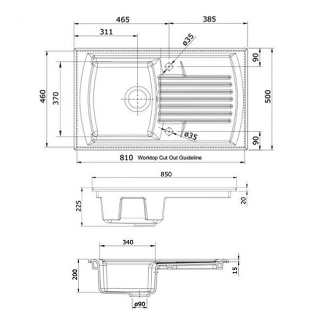 Rangemaster Tenby 1.0 Bowl Inset Ceramic Kitchen Sink with Waste Kit 850mm L x 500mm W - White