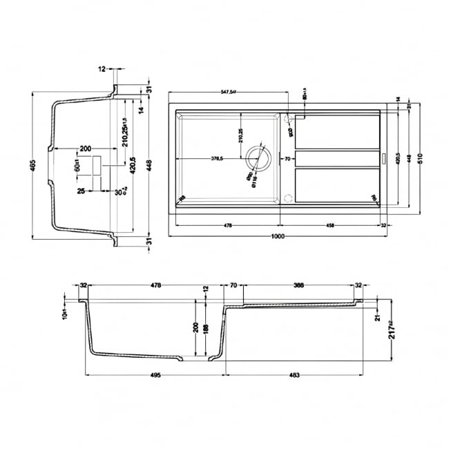 Rangemaster Topaz 1.0 Bowl Inset Granite Kitchen Sink with Waste Kit 1000mm L x 510 W - Charcoal