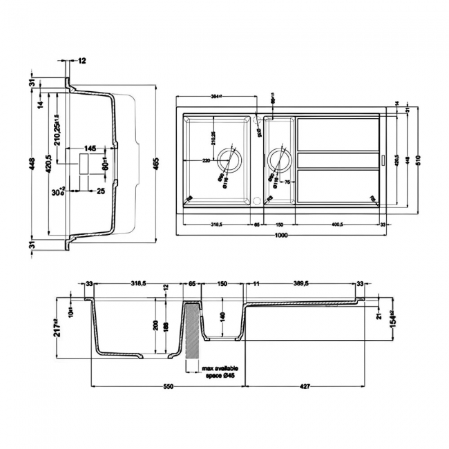 Rangemaster Topaz 1.5 Bowl Inset Granite Kitchen Sink with Waste Kit 1000mm L x 510 W - Charcoal