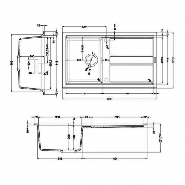 Rangemaster Topaz 1.0 Bowl Inset Granite Kitchen Sink with Waste Kit 860mm L x 510 W - Charcoal