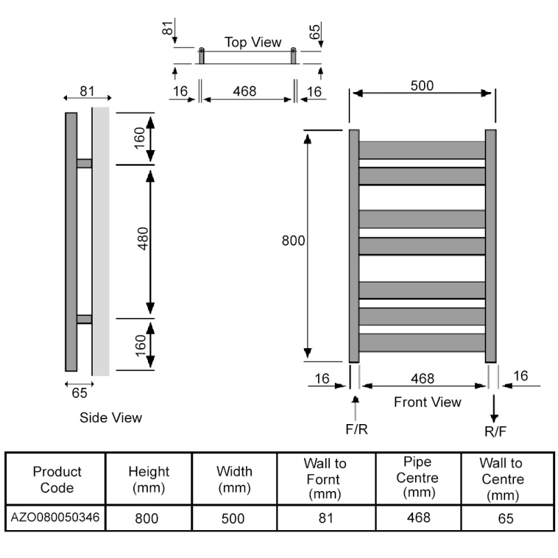 Redroom Azor Flat Panel Heated Towel Rail 800mm H x 500mm W - Anthracite  | Dimension Image
