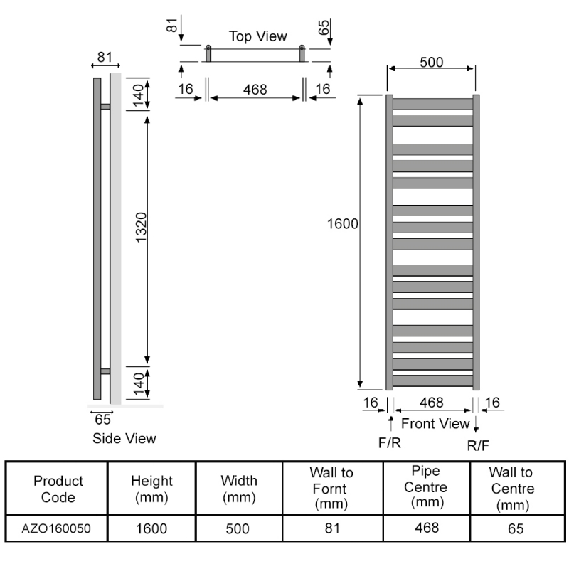 Redroom Azor Flat Panel Heated Towel Rail 1600mm H x 500mm W - White