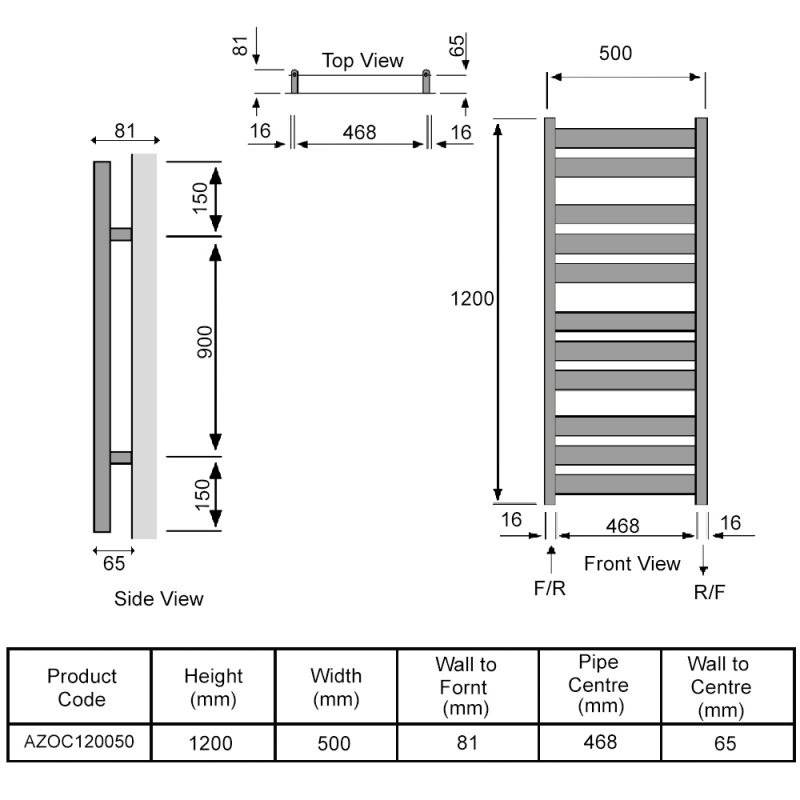 Redroom Azor Flat Panel Heated Towel Rail 1200mm H x 500mm W - Chrome  | Dimension Image