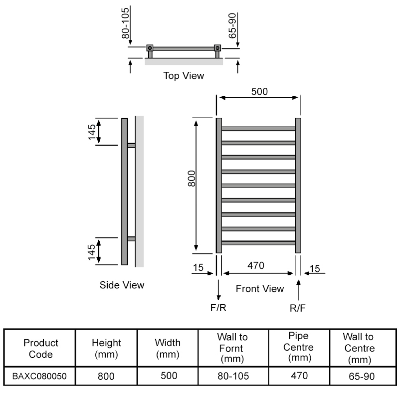 Redroom Baxx Designer Heated Towel Rail 800mm H x 500mm W - Chrome  | Dimension Image