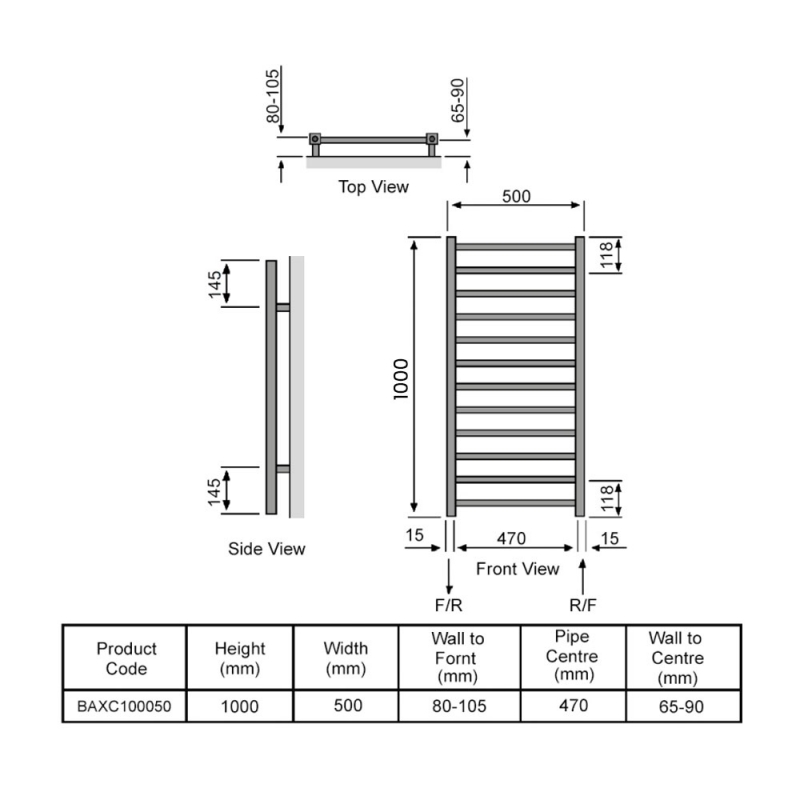 Redroom Baxx Designer Heated Towel Rail 1000mm H x 500mm W - Chrome  | Dimension Image