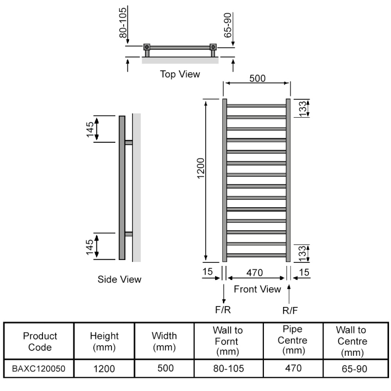 Redroom Baxx Designer Heated Towel Rail 1200mm H x 500mm W - Chrome  | Dimension Image