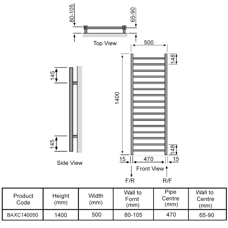 Redroom Baxx Designer Heated Towel Rail 1400mm H x 500mm W - Chrome  | Dimension Image